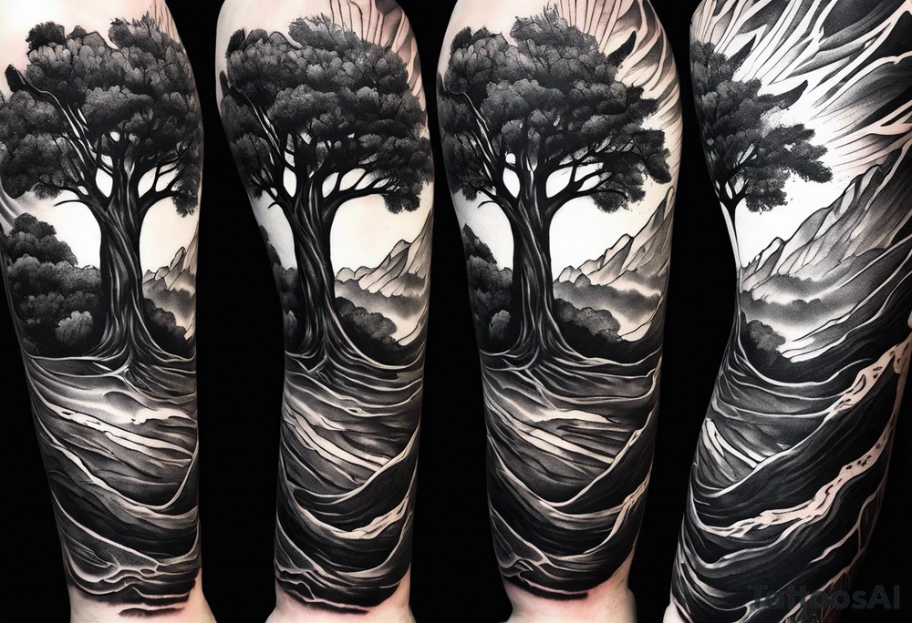 Half sleeve, tree bark growing through skin tattoo idea