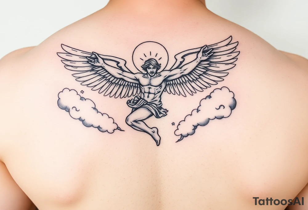 Icarus falling from the sky with clouds around him tattoo idea