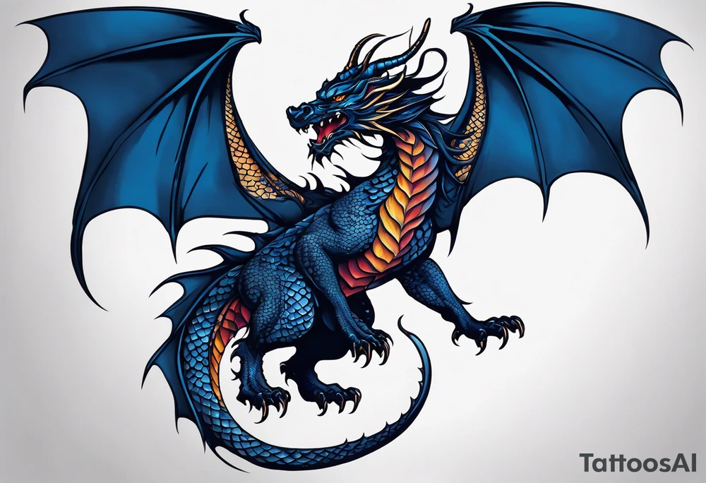 An epic with no wings, floating. Its long body coiling dynamically, with scales and horns detailed to create a sense of movement and strength. The dragon's main color is midnight blue, giving a vibrant depth and a mystical aura. This tattoo highlights the dragon’s fierce expression and sharp claws. tattoo idea