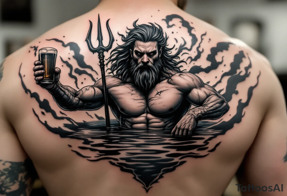 young, fit poseidon in calm water, behind a trident, holding a beer, with storm tattoo idea