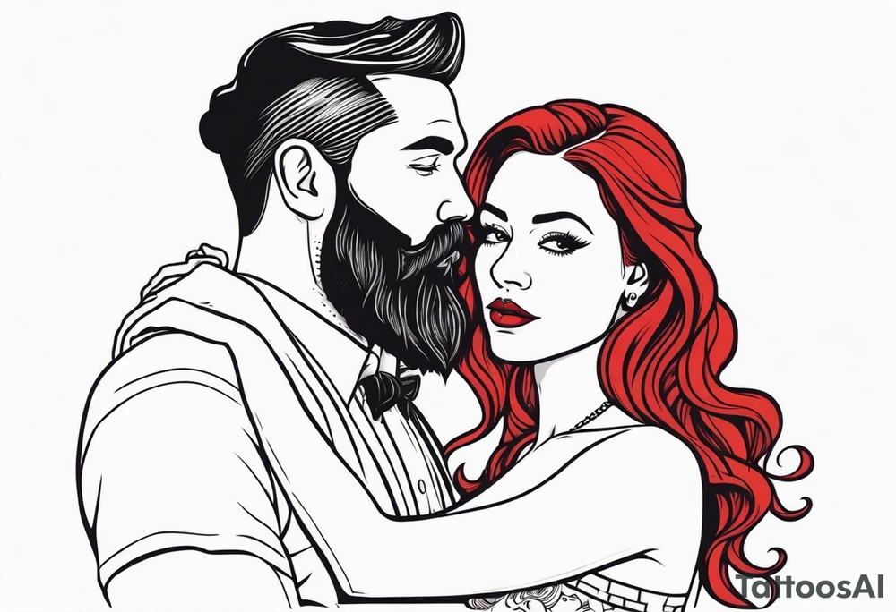 Busty red haired woman with a bearded man who has black hair getting married tattoo idea