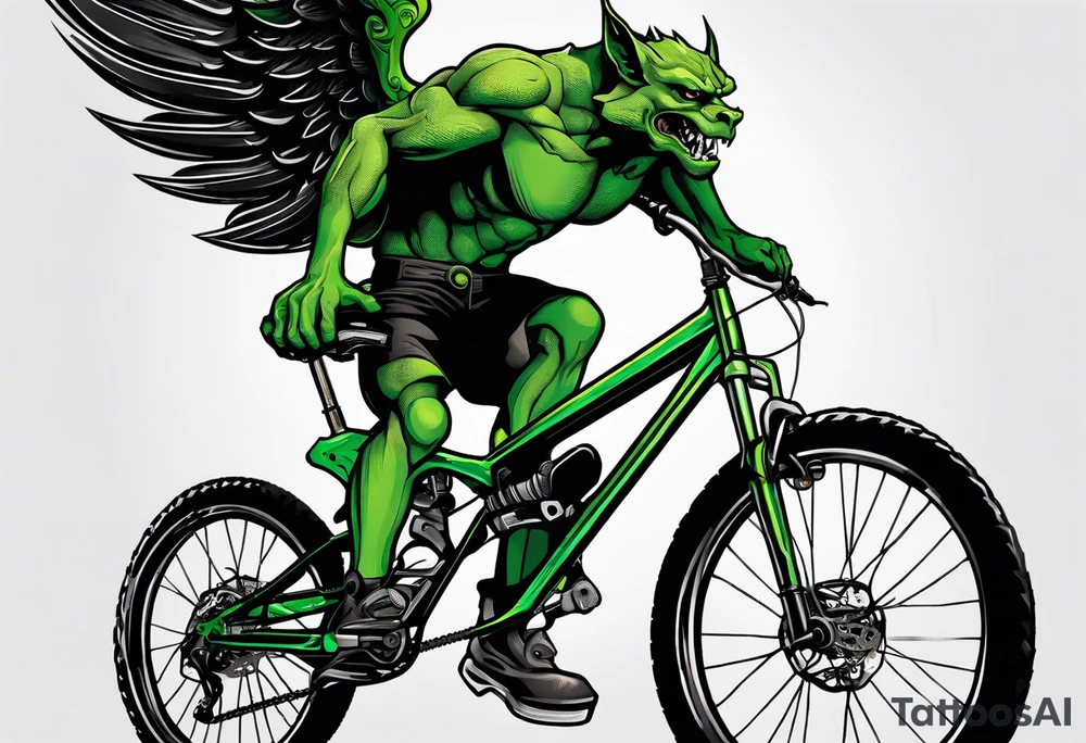 gargoyle riding a full suspension green mountain bike with a shadow no background with wings tattoo idea