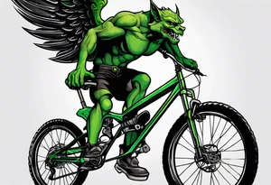 gargoyle riding a full suspension green mountain bike with a shadow no background with wings tattoo idea