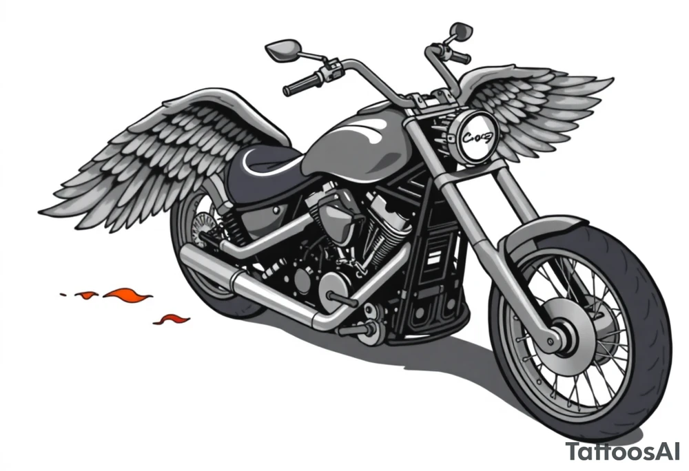 Low rider grey motorcycle, big muffler pipes with flames, angel wings, driving away, no person tattoo idea
