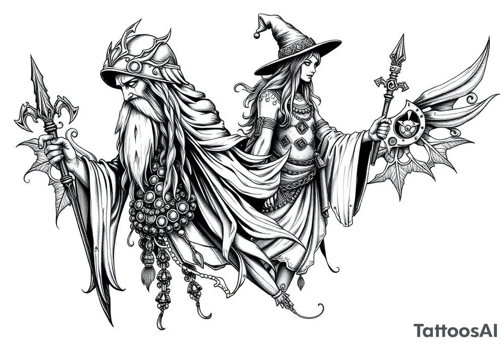 long shaman and witch style mytical with ancient rhyme tattoo idea