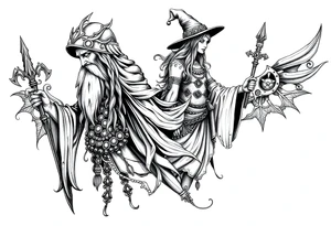 long shaman and witch  style mytical with ancient rhyme tattoo idea