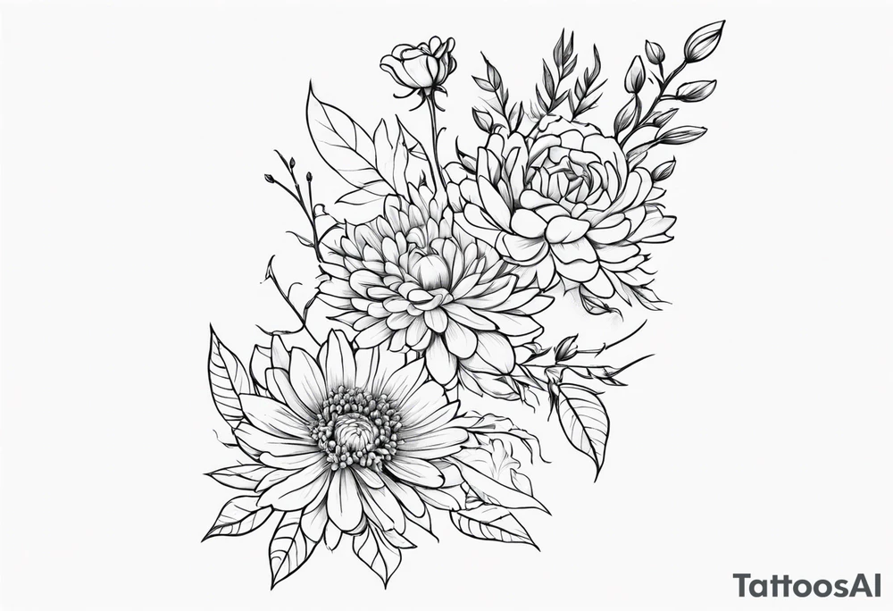 Asters, roses, hawthorns, and chrysanthemums in a long line tattoo idea