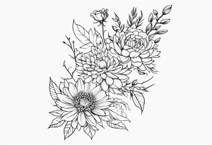 Asters, roses, hawthorns, and chrysanthemums in a long line tattoo idea