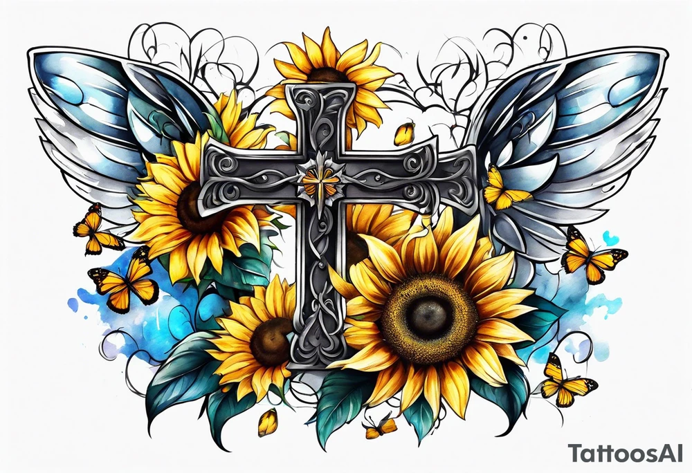 Winged cross with sunflower and butterflies tattoo idea