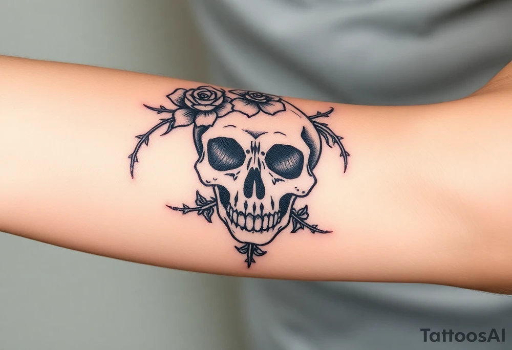 ornate skull adorned with crown of wild roses and thorns tattoo idea
