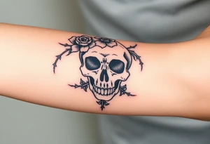ornate skull adorned with crown of wild roses and thorns tattoo idea