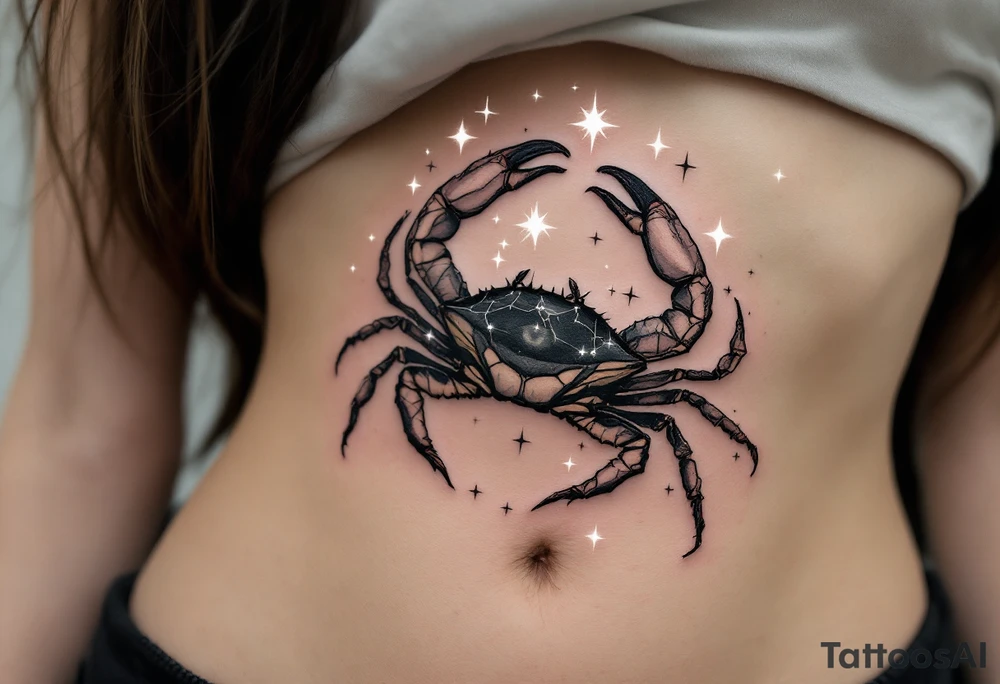A monochrome Cancer crab is shaded in black and gray beneath constellation stars glowing in white ink. tattoo idea