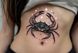 A monochrome Cancer crab is shaded in black and gray beneath constellation stars glowing in white ink. tattoo idea
