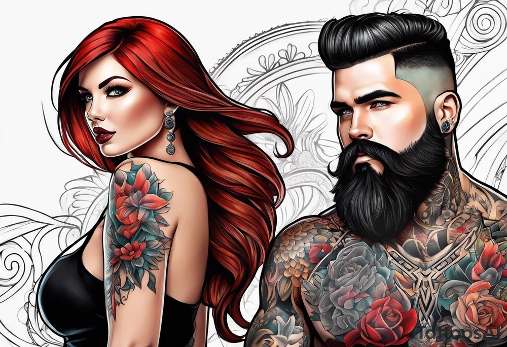 Busty Red haired woman with black haired bearded man tattoo idea