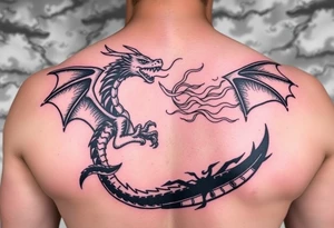fierce dragon breathing iridescent fire against stormy skies tattoo idea