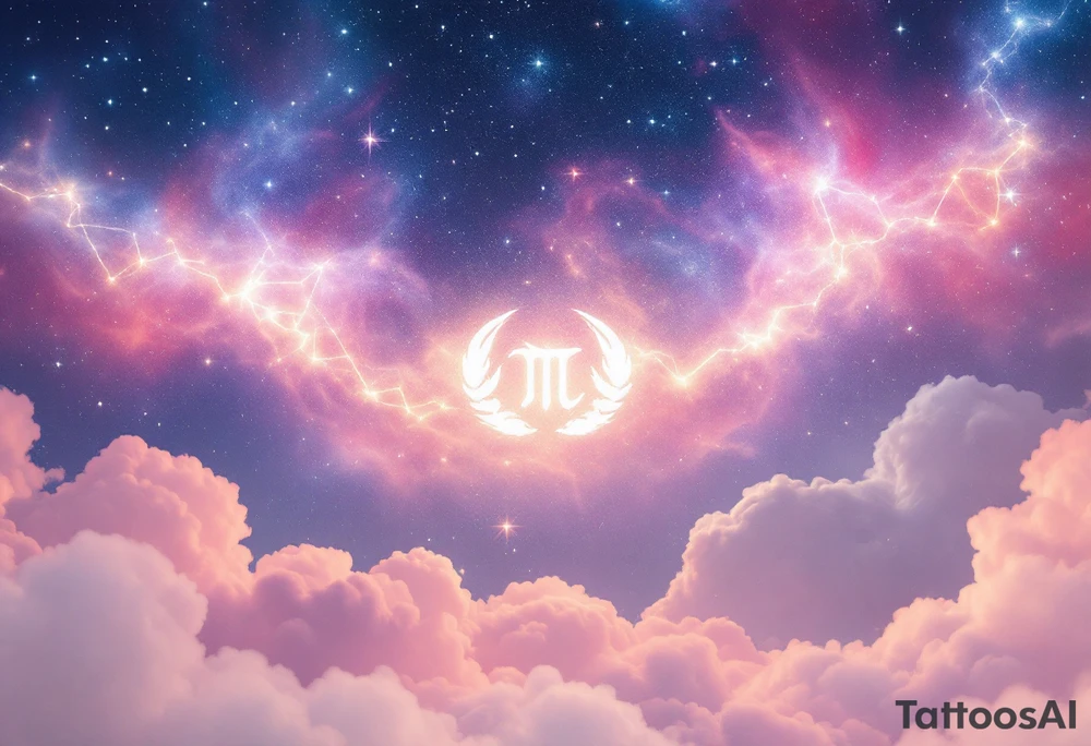 A pink and navy ombré sky holds the Cancer constellation with a silver zodiac glyph glowing at its center. tattoo idea