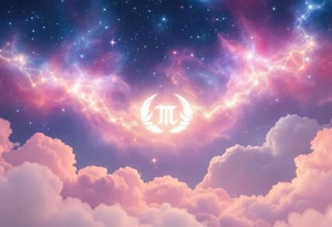 A pink and navy ombré sky holds the Cancer constellation with a silver zodiac glyph glowing at its center. tattoo idea
