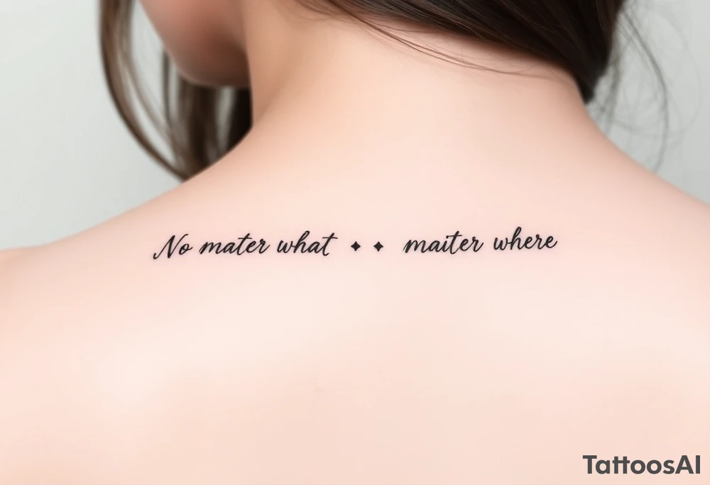 A delicate cursive tattoo with the quote ‘No matter what’ (for one person) and ‘No matter where’ (for the other), placed along the collarbone. At the end of each quote, incorporate a soft, feminine flower design — such as a small lotus, daisy, or wildflower — that flows naturally from the end of the text, as if the flower is part of the lettering or subtly blooming from the last word.

Design should feel light, elegant, and symbolic of connection and unconditional love between mother and daughter. Style should be fine line or single-needle, black ink only, minimalistic and graceful. tattoo idea
