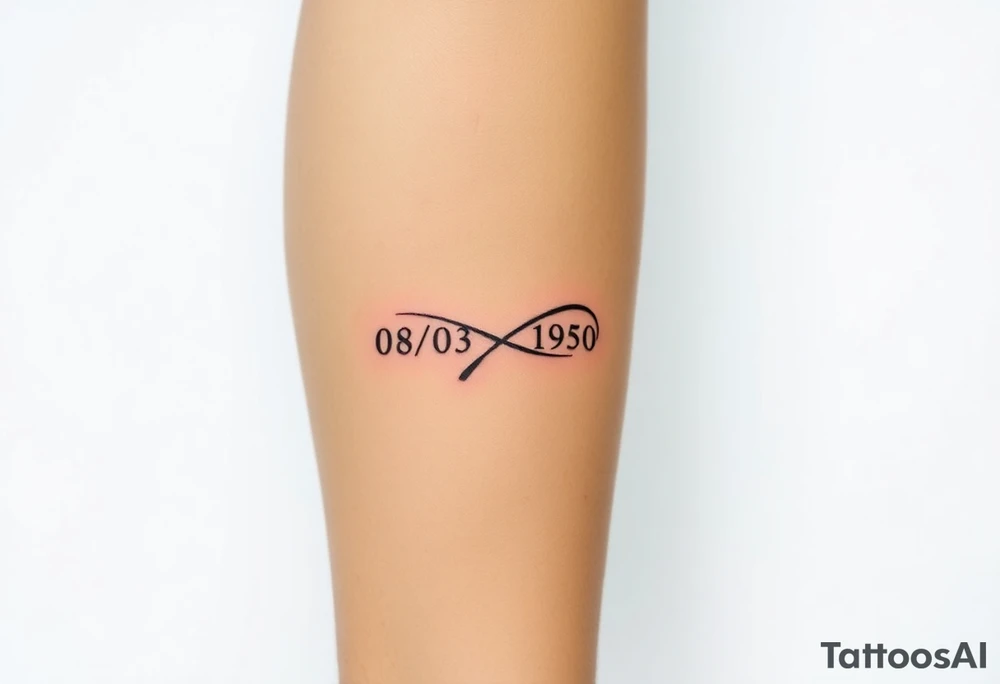 “Quero uma tatuagem no antebraço, simples e pequena. Deve ter a data de nascimento do meu avô 08/03/1950 escrita em vermelho, seguida de um traço reto e, à frente, o símbolo de infinito em preto com detalhes em branco. O design deve ser minimalista, com letras elegantes e proporcionais, mantendo um aspeto discreto.” tattoo idea