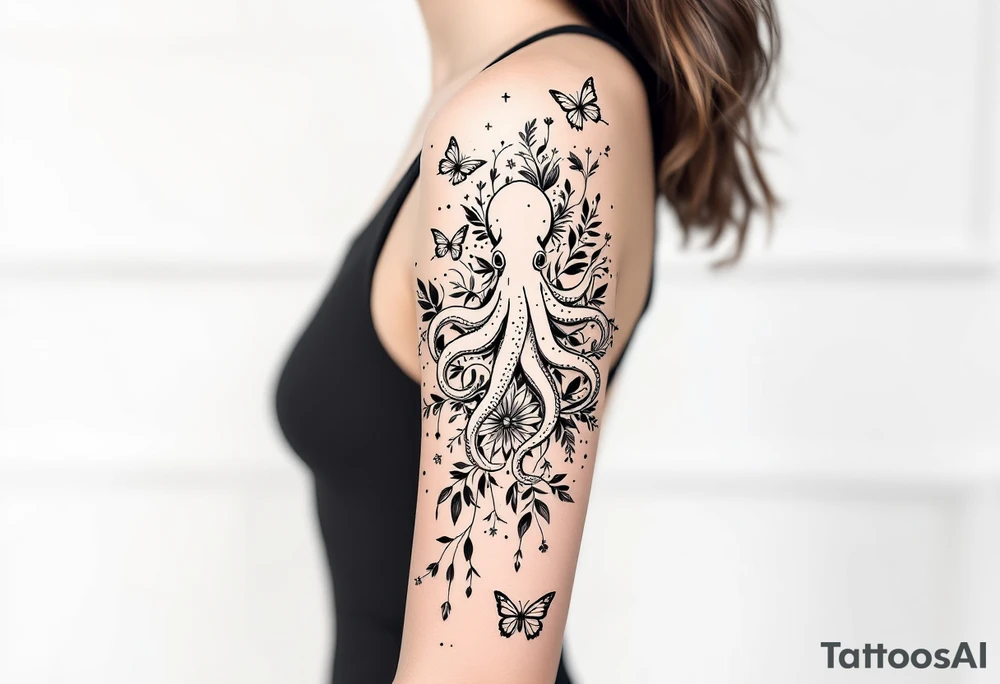 Elegant feminine full sleeve tattoo design on a woman’s arm, flowing abstract black ink lines intertwined with minimalist botanical elements — fine leaves, buds, and wildflowers. Central ornamental mandala-like symbols and geometric dotwork details. A gracefully stylized octopus with fluid tentacles wrapping subtly around the design, integrated with delicate butterflies fluttering around the composition. The butterflies are light, airy, and minimal, matching the fine-line style. Tattoo art style: modern minimalist, fine line, ornamental and botanical tattoo with surreal natural touches. Black ink only, soft feminine aesthetic tattoo idea