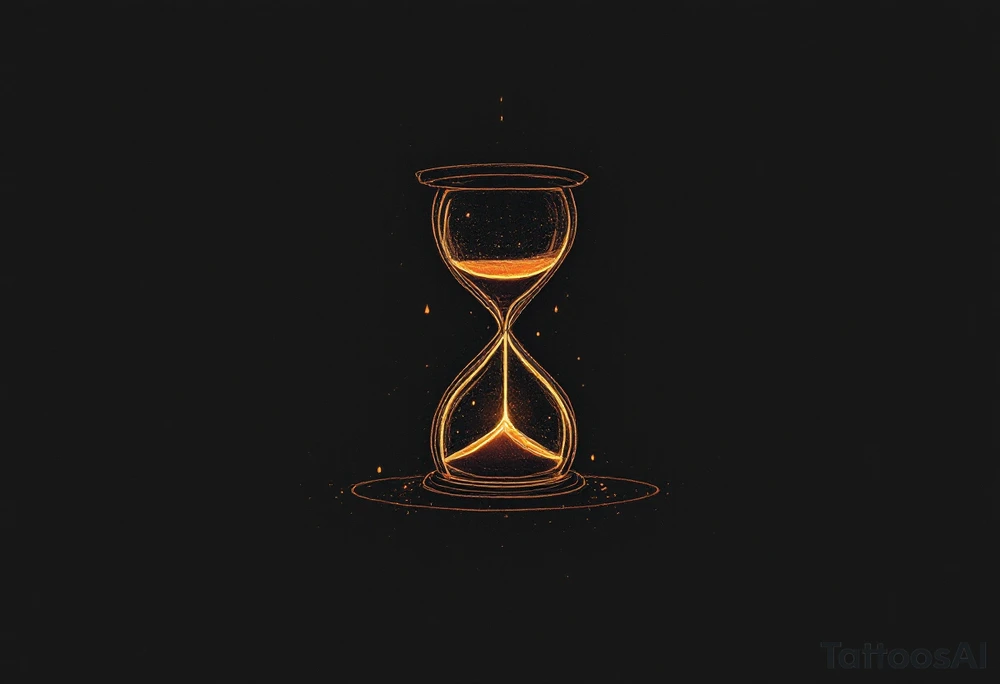 A candlelit hourglass, with melted wax forming numbers, glowing warmly against a dark background. tattoo idea