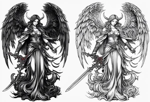Angel with long sword atop a demon slain in fine line style tattoo idea