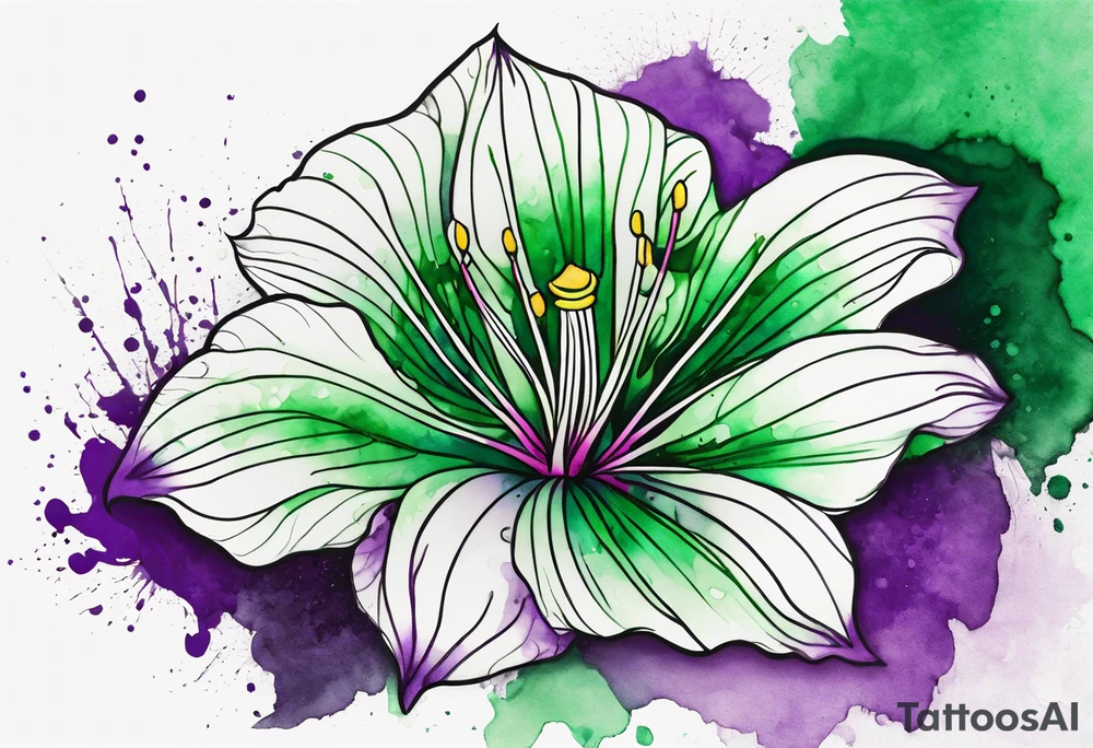 An outline of a green and purple rio dipladenia flower with a mystical green/purple watercolor splash in the background tattoo idea