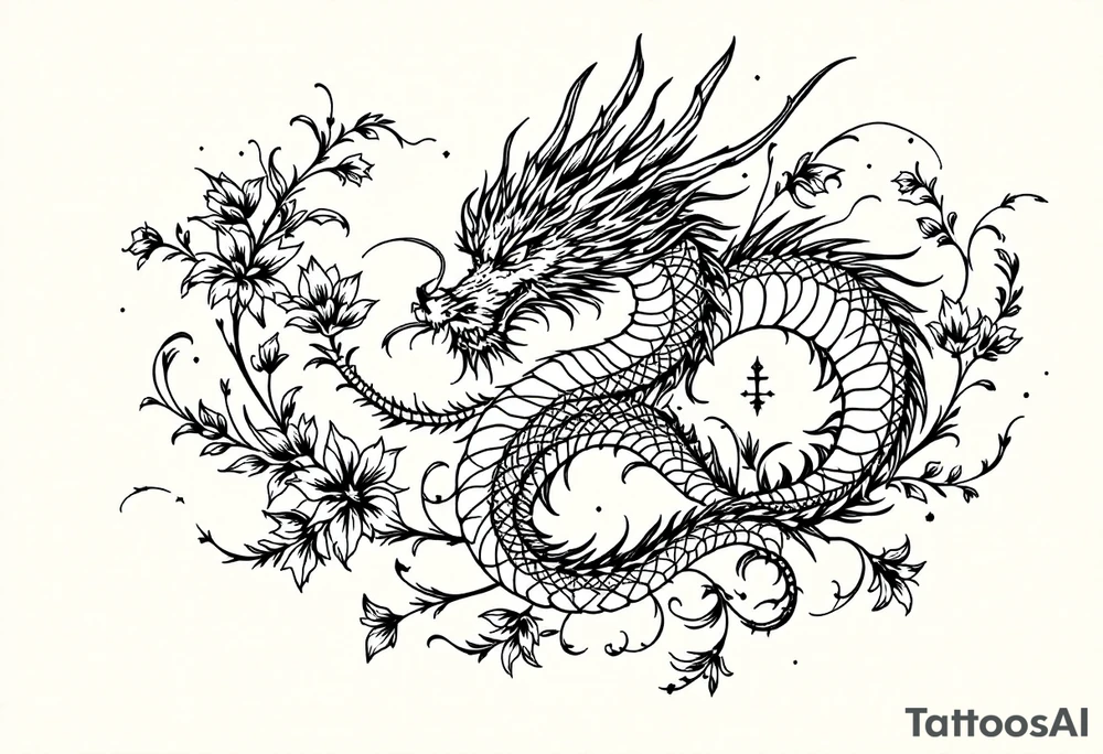 un dragon central entouré de fleurs de lys tattoo idea
