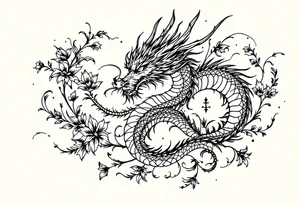 un dragon central entouré de fleurs de lys tattoo idea