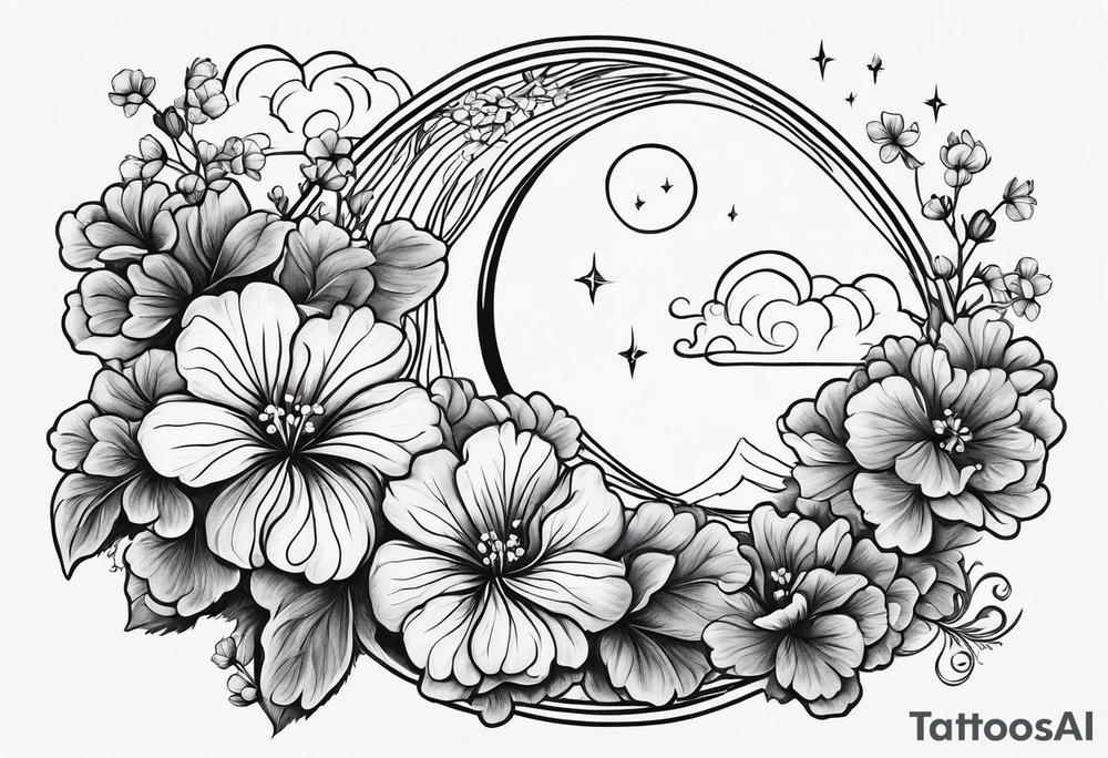 Geraniums as rain clouds with a crescent moon behind tattoo idea