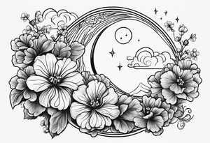 Geraniums as rain clouds with a crescent moon behind tattoo idea
