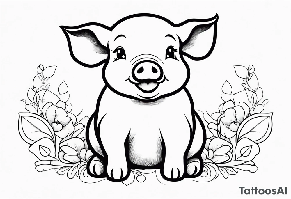 very cute chubby happy piglet.
outline only.
black and white only.
only show the piglet. no extra lines or decoration.
no black shading.
dont make the ears too big.
draw very thin lines tattoo idea