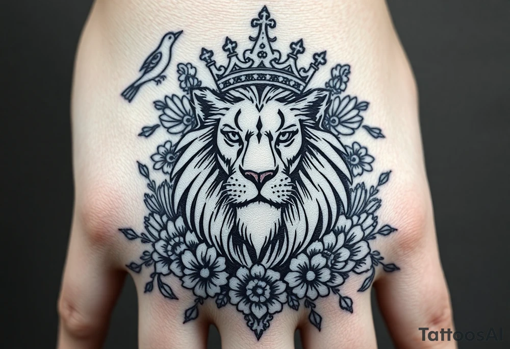 powerful majestic lion with a crown, surrounded by floral ornaments and birds tattoo idea