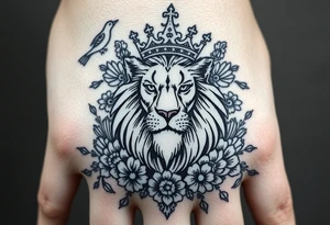powerful majestic lion with a crown, surrounded by floral ornaments and birds tattoo idea