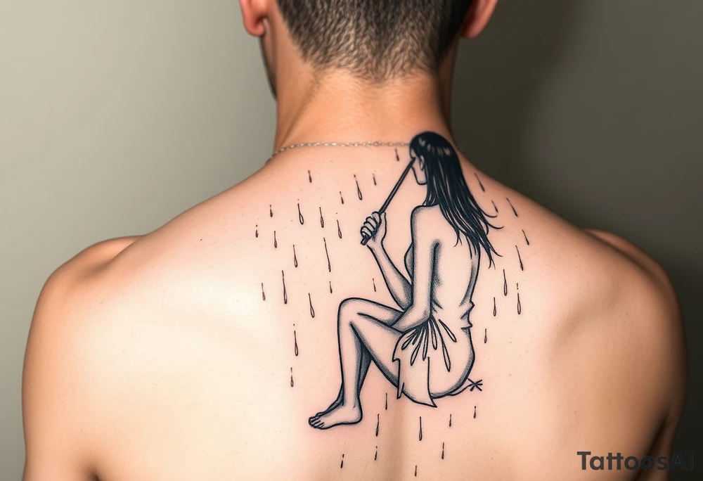 A girl sitting in the rain with no umbrella letting the rain take her away as it pours almost like she’s fading tattoo idea