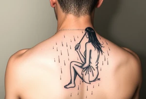 A girl sitting in the rain with no umbrella letting the rain take her away as it pours almost like she’s fading tattoo idea
