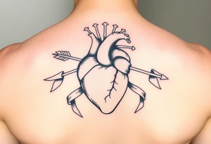 anatomical heart pierced by ornate arrow with flowing ribbons tattoo idea