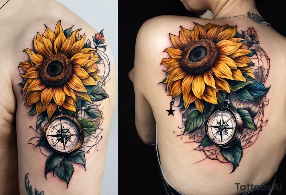 Sunflower next to a compass tattoo idea