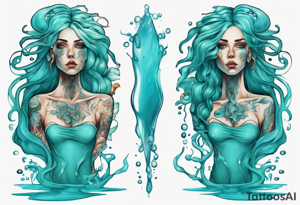 a tall woman made of water with turquoise hair surrounded by the ocean tattoo idea