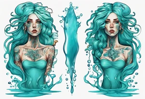 a tall woman made of water with turquoise hair surrounded by the ocean tattoo idea