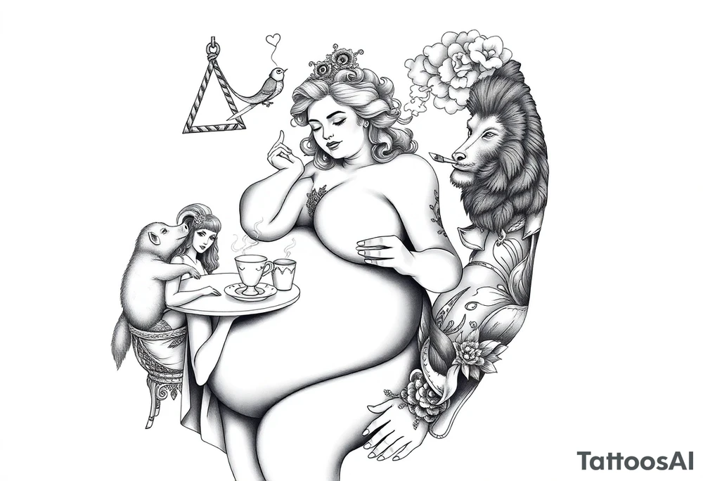 naked fat lady having a tea party with a pig, peacock, noose, lion, goat, smoking cigerettes looking in the mirror having sex with a man eating a cake thru storm clouds with knife and broken hearts and darkness tattoo idea