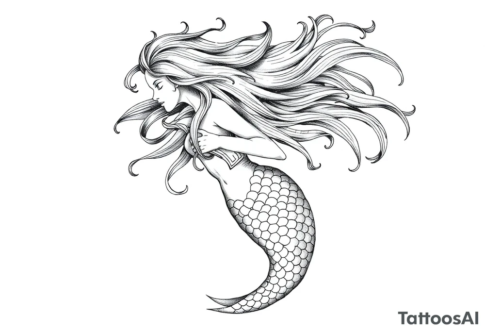 mermaid with flowing hair tattoo idea