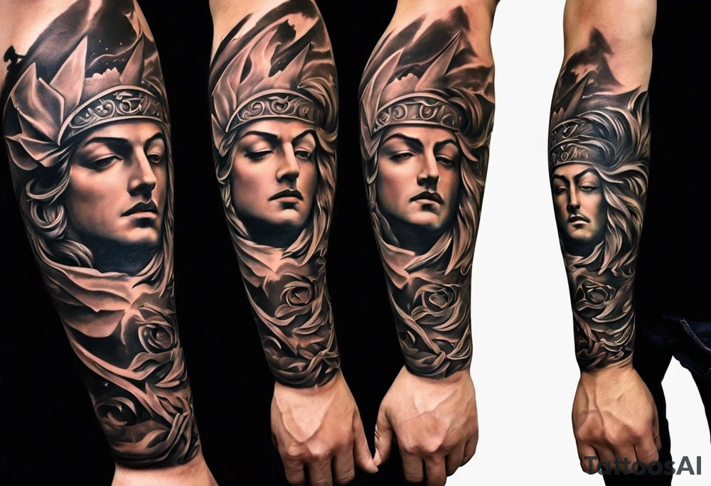 Im a businessman and I had a very long and hard time, chasing my dreams, not giving up, hard work, dedication, focus, heart broken, recovered, pushing hard, got broke and gained again. I like greek gods and I want a full sleeve tattoo exactly telling me the story of my life tattoo idea