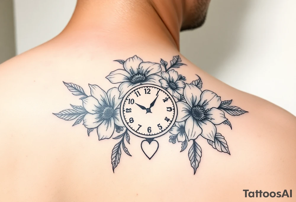 Pretty flowers with 8/20/65 included and leo sign with a heart clock on shoulder tattoo idea