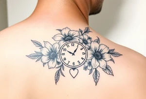 Pretty flowers with 8/20/65 included and leo sign with a heart clock on shoulder tattoo idea