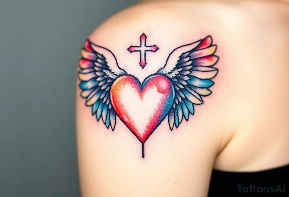 dainty catholic sacred heart with angel wings tattoo idea