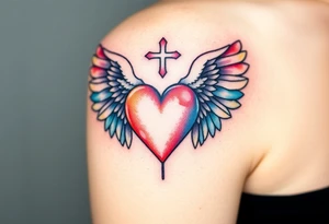 dainty catholic sacred heart with angel wings tattoo idea