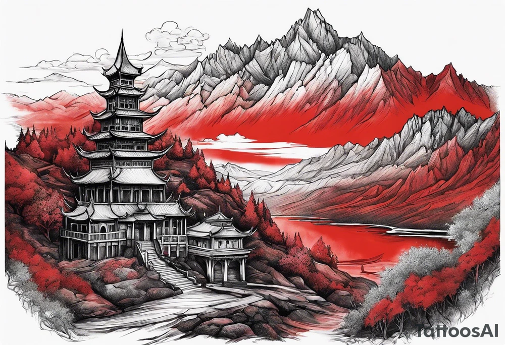 red mountains which there are two fantasies castles. tattoo idea