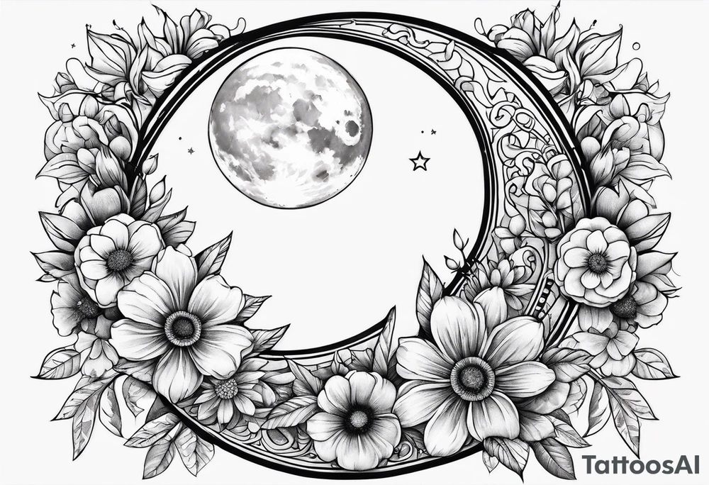 flower wrapping half around the moon tattoo idea