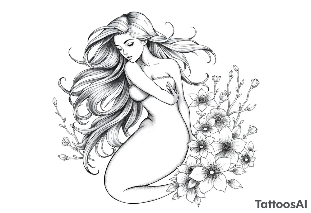 ethereal mermaid with flowing hair among coral and sea flowers tattoo idea